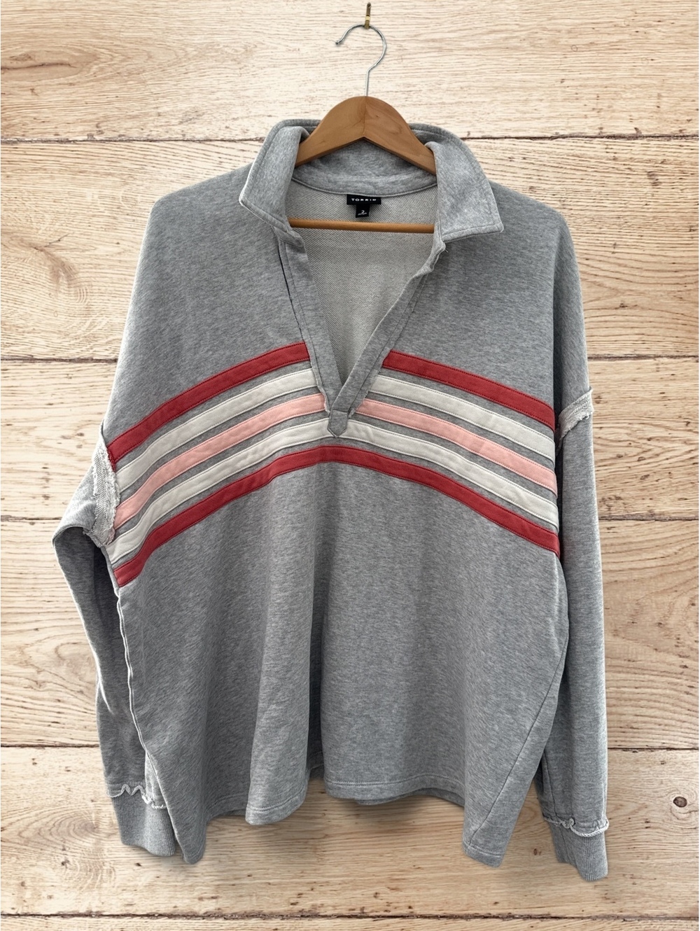 Torrid 2X Gray Pink Striped French Terry Collared Sweatshirt Raw Seam NWOT